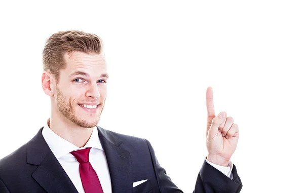 Young and handsome businessman pointing up with his finge — Stock Photo, Image