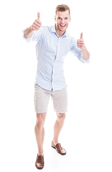 Young man with thumbs up, isolated on whit — Stock Photo, Image