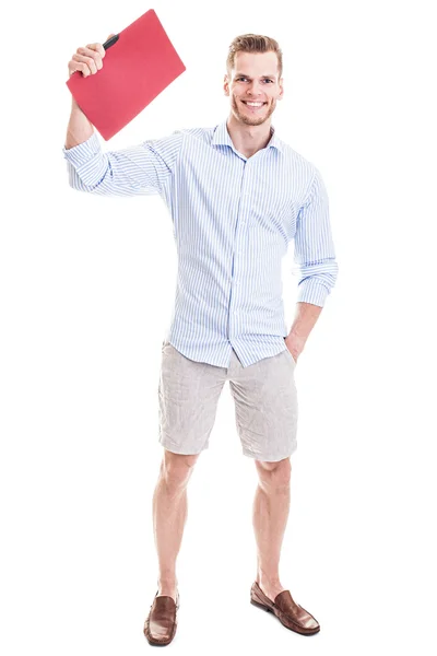 Gülen - üzerinde beyaz bir adam izole mutlu erkek öğrenci — Stok fotoğraf