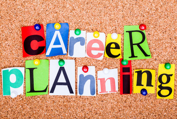 The phrase career planning in cut out magazine letters pinned to