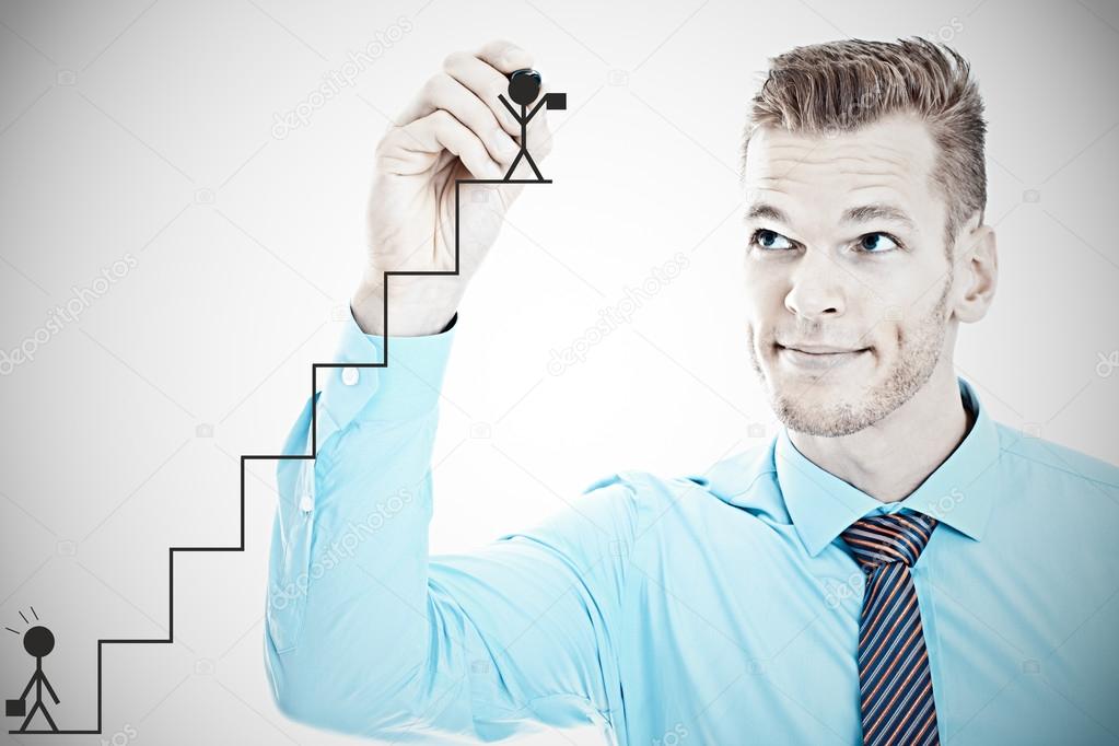 Young businessman drawing a career ladder concep