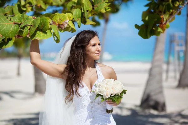 Bella sposa caucasica in posa su una spiaggia tropicale — Foto Stock