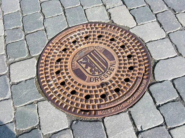 Hatch of sewage on the paving road — Stock Photo, Image