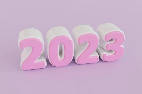3D Render Happy New Year 2023. Number in cartoon style. Christmas decoration. Realistic 3d render pink sign on purple background.