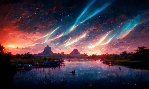 Illustration Universe Galaxy Stars Mountain View Lake Night Sky Background — Stock fotografie