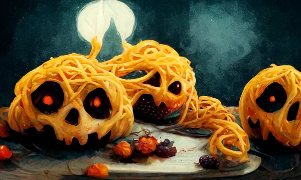 Illustration Halloween Concept Background Halloween Skull Pasta Red Eyes Dish — Foto Stock