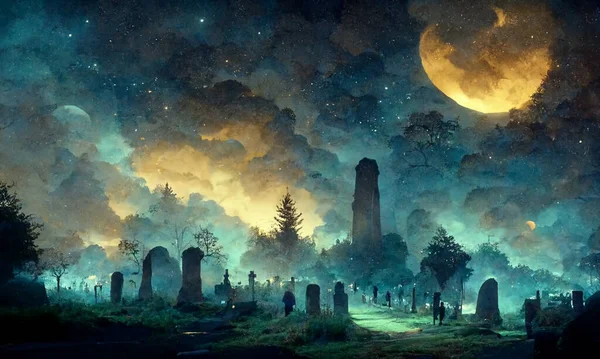 Render Full Moon Dark Sky Cemetery Night Tombstones Graves Halloween — 图库照片