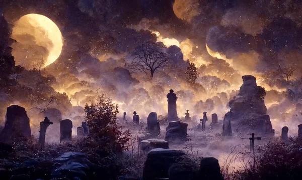 3D render of under a full moon in a dark sky, a cemetery at night with tombstones and graves. Halloween with a creepy night sky landscape, a fantastic forest in moonlight.