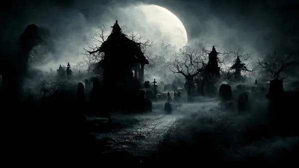 Illustration Halloween Concept Dark Background Castle Graveyard Horror Background Foggy — Stock Photo, Image