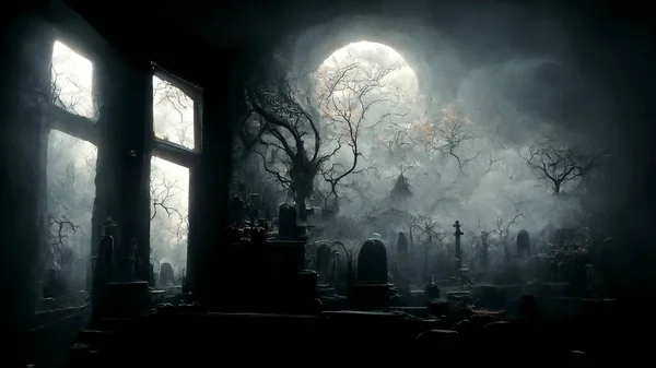 Illustration Halloween Concept Dark Background Castle Graveyard Horror Background Foggy — 스톡 사진