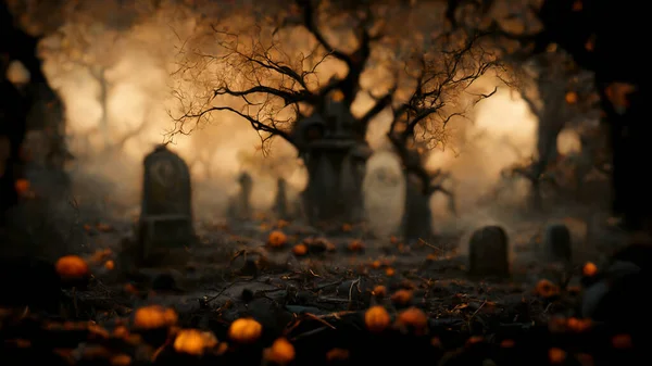 Illustration Halloween Concept Dark Background Castle Graveyard Horror Background Foggy — Stock fotografie