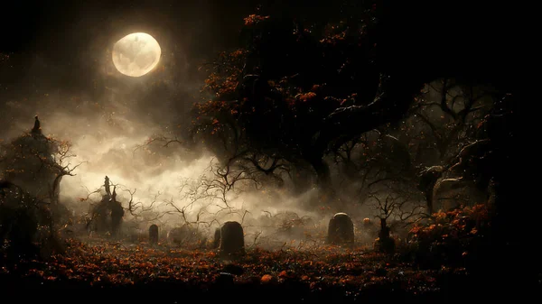 Illustration Halloween Concept Dark Background Castle Graveyard Horror Background Foggy —  Fotos de Stock