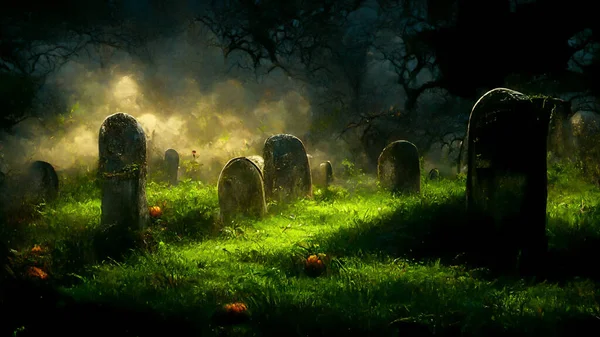 Иллюстрация Концепции Хэллоуина Темном Фоне Замка Кладбища Ужасный Фон Туманную — стоковое фото