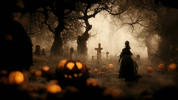 Illustration Halloween Concept Dark Background Castle Graveyard Horror Background Foggy — ストック写真