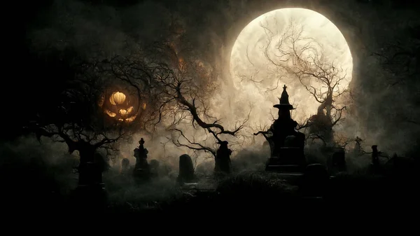 Illustration Halloween Concept Dark Background Castle Graveyard Horror Background Foggy — Photo