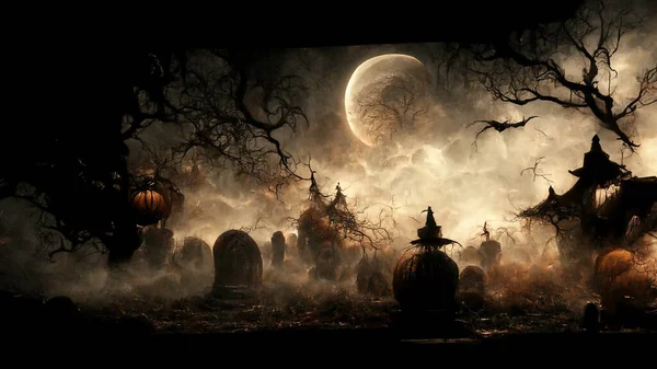 Illustration Halloween Concept Dark Background Castle Graveyard Horror Background Foggy — 스톡 사진