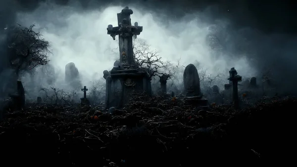 Illustration Halloween Concept Dark Background Castle Graveyard Horror Background Foggy — ストック写真