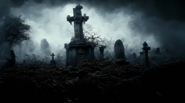 Illustration Halloween Concept Dark Background Castle Graveyard Horror Background Foggy — Zdjęcie stockowe