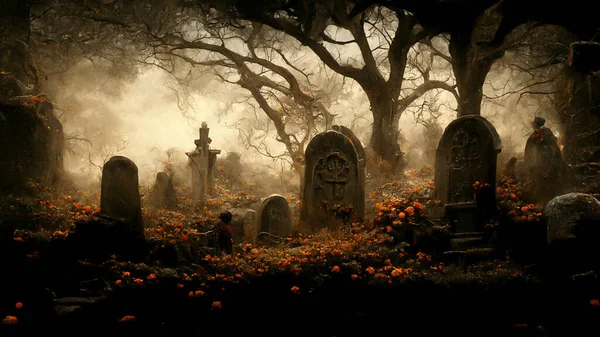 Illustration Halloween Concept Dark Background Castle Graveyard Horror Background Foggy — Stok fotoğraf