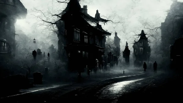 Illustration Halloween Concept Dark Background Castle Graveyard Horror Background Foggy — Photo