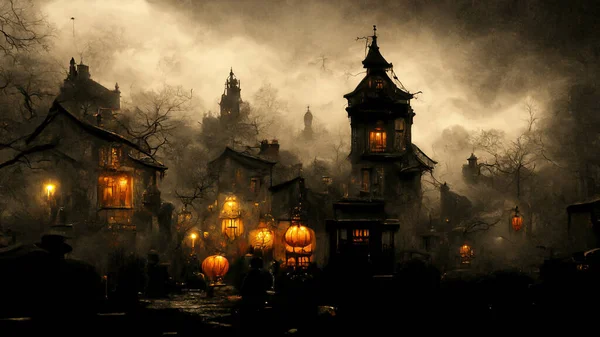 Иллюстрация Концепции Хэллоуина Темном Фоне Замка Кладбища Ужасный Фон Туманную — стоковое фото