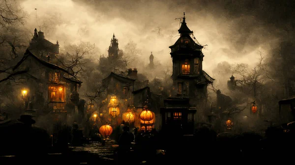 Illustration Halloween Concept Dark Background Castle Graveyard Horror Background Foggy — Photo