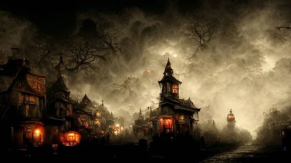 Illustration Halloween Concept Dark Background Castle Graveyard Horror Background Foggy — Foto Stock