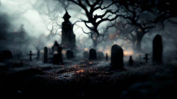 Illustration Halloween Concept Dark Background Castle Graveyard Horror Background Foggy — Stock Photo, Image