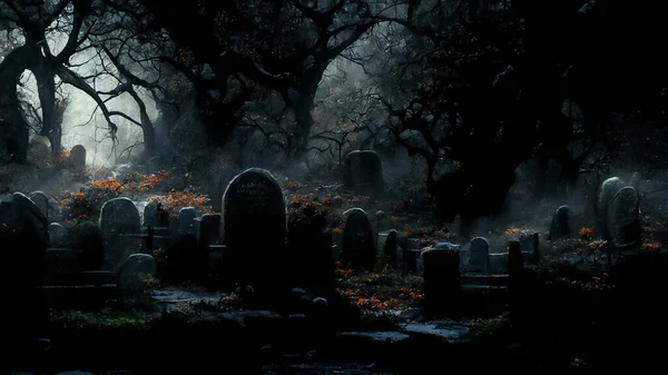 Illustration Halloween Concept Dark Background Castle Graveyard Horror Background Foggy — Stock Fotó