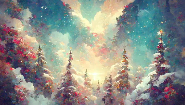 Fairy Forest Christmas Big Snowy Fir Trees Background Natural Scenery — Zdjęcie stockowe