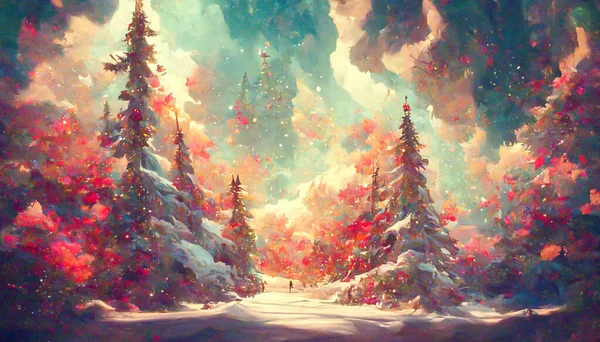 Фея Лес Рождество Большие Снежные Ели Заднем Плане Реалистичная Иллюстрация — стоковое фото