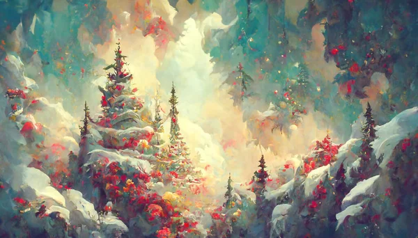 Fairy Forest Christmas Big Snowy Fir Trees Background Natural Scenery —  Fotos de Stock