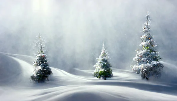 Render Merry Christmas Wallpaper Snowy Night Firs Falling Snow Beautiful — Stock Photo, Image