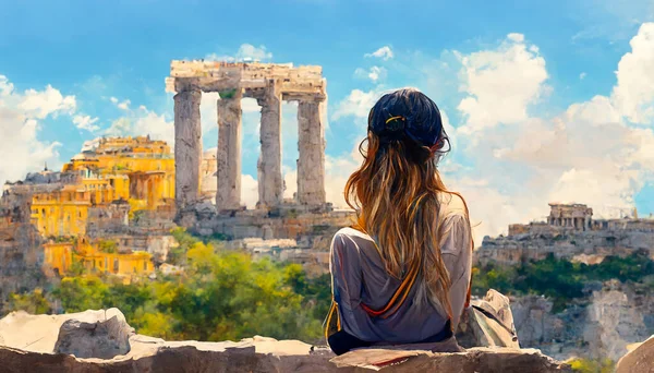 Рисунок Девушки Traveler Отдыхающей Греции Молодая Женщина Смотрит Акрополь Украшение — стоковое фото