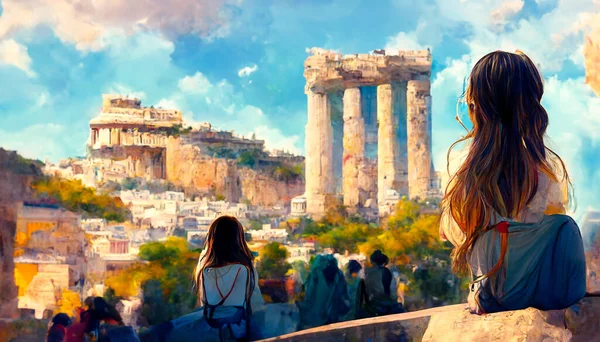 Render Digital Art Painting Traveler Girl Enjoying Vacations Greece Young — Stock Photo, Image