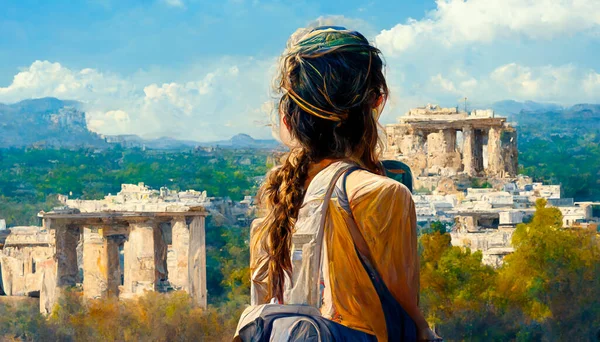 Render Digital Art Painting Traveler Girl Enjoying Vacations Greece Young —  Fotos de Stock