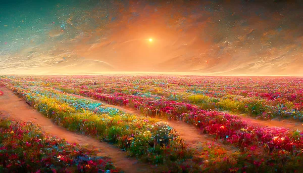 Render Lanscape Colorful Flower Field Sunset Mars Beautiful Amazing Nature — Stok fotoğraf