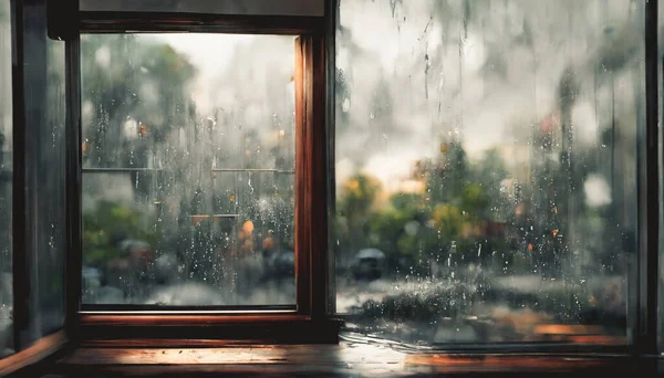 Render Digital Art Painting Rainy Window Window View Raining — Photo