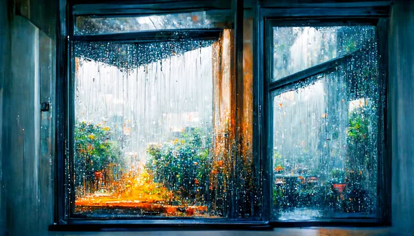 Render Digital Art Painting Rainy Window Window View Raining — 图库照片