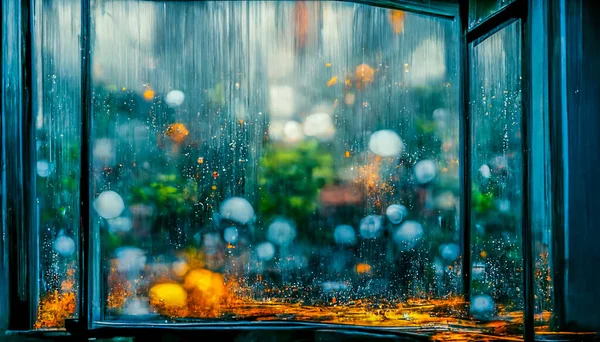 Render Digital Art Painting Rainy Window Window View Raining — ストック写真