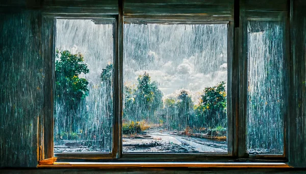 Render Digital Art Painting Rainy Window Window View Raining — Photo