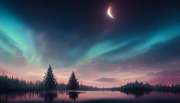 Stunning Scenery Lake Starry Night Northern Lights Digital Art Background — Foto Stock