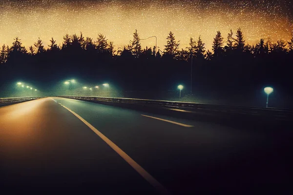 Car Night Footage Showing Headlights Going Bend Illustration — Zdjęcie stockowe