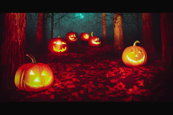 Halloween Pumpkins Spooky Forest Night Illustration — Photo