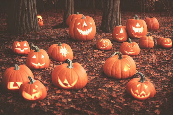 Halloween Pumpkins Spooky Forest Night Illustration — Photo