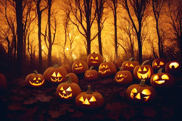 Halloween Pumpkins Spooky Forest Night Illustration — Stock Fotó