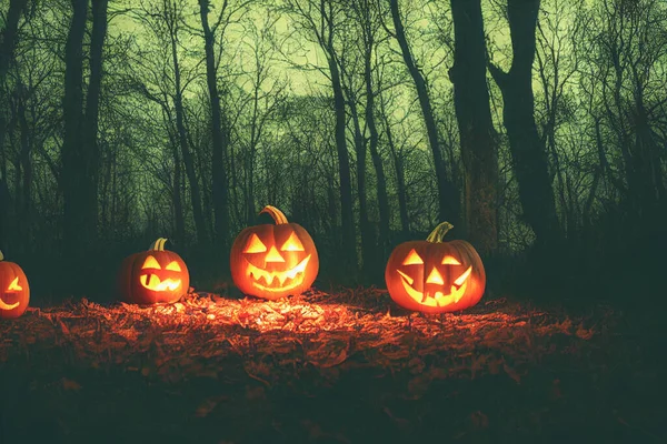 Halloween Pumpkins Spooky Forest Night Illustration — Photo