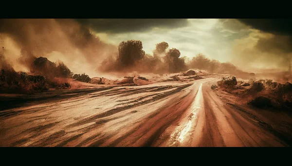 Dust Sand Cloud Dusty Road Scattering Trail Track Fast Movement — Stok fotoğraf