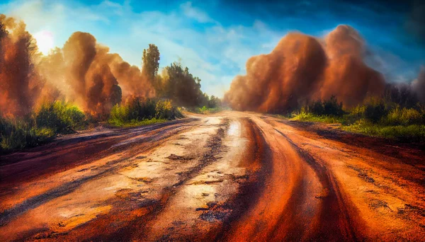 Dust Sand Cloud Dusty Road Scattering Trail Track Fast Movement — Stockfoto