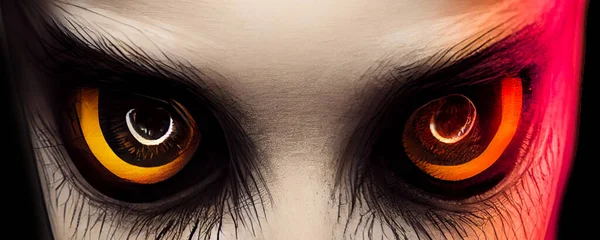 3D Render Close up of scary eyes looking at camera against black background.